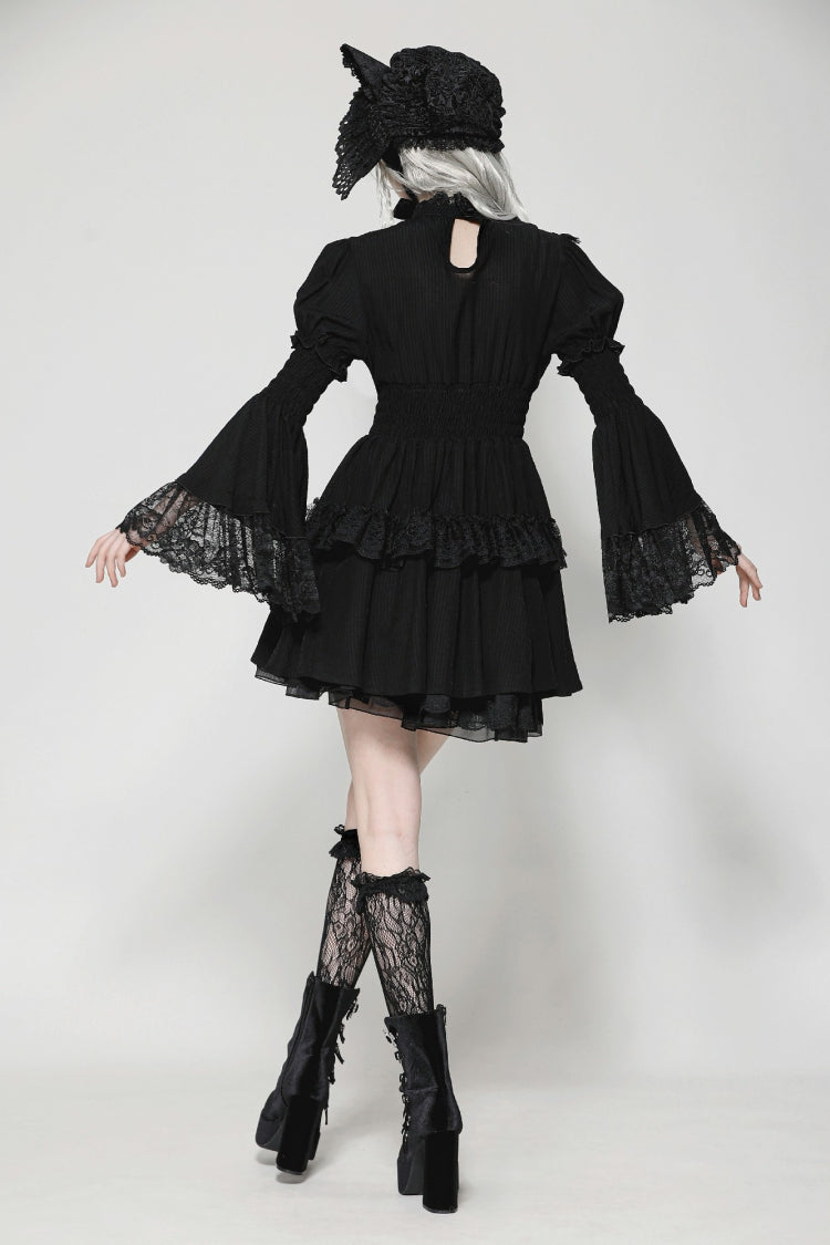 Gothic Victorian-Inspired Black Lace Ruffled High-Neck Puff-Sleeve Cutout Maxi Gown