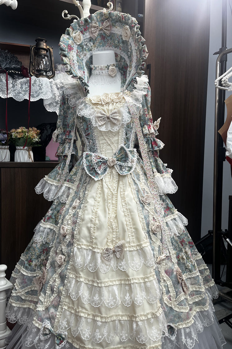 Green Ivory Print Ruffle Bow Lace Classic Vintage Princess Lolita Dress