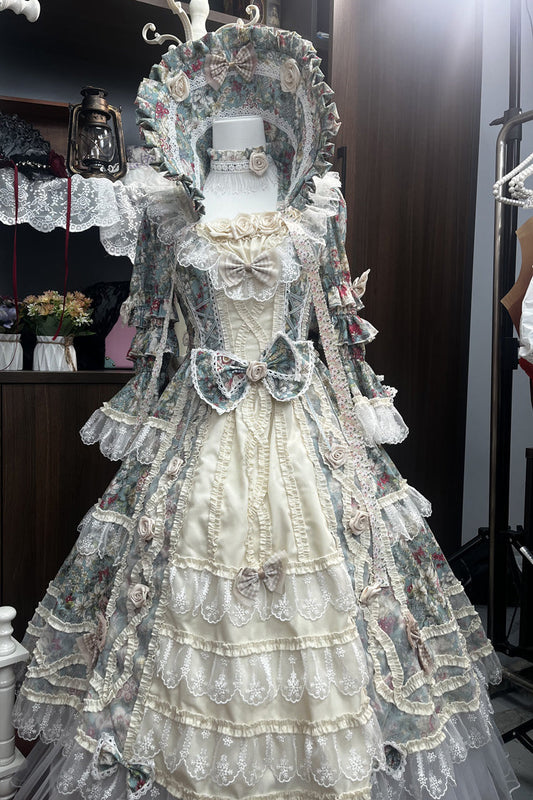Green Ivory Print Ruffle Bow Lace Classic Vintage Princess Lolita Dress