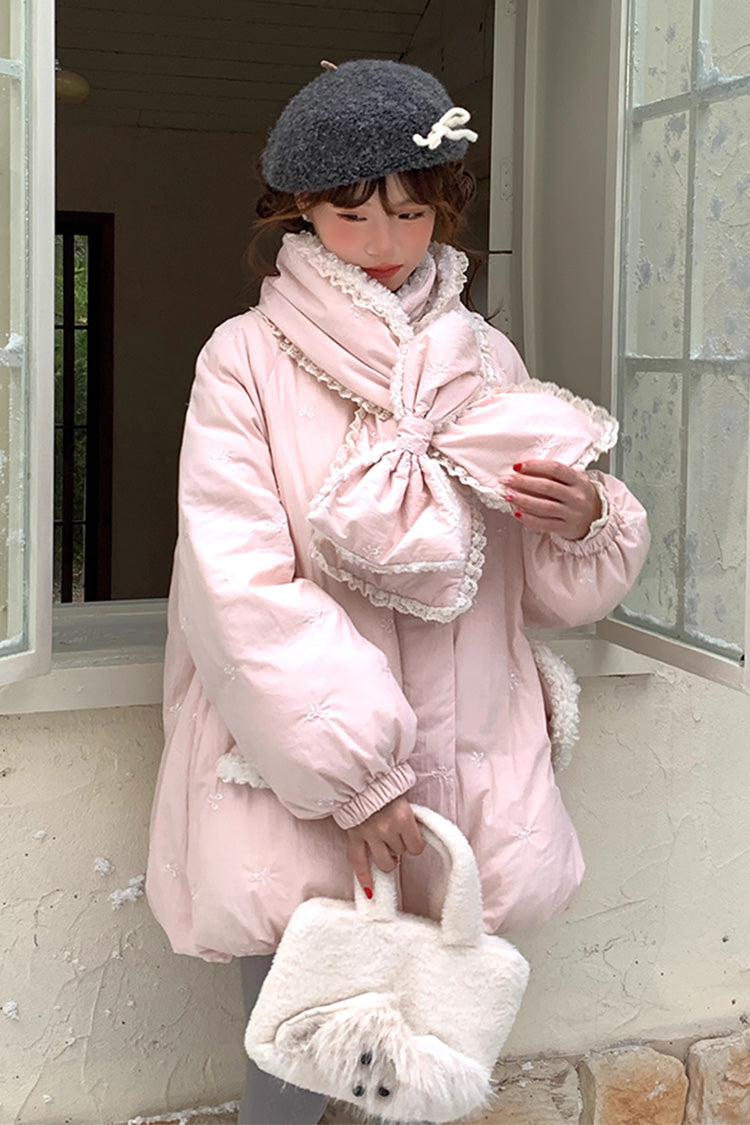 Pink Down-Filled Bowknot Long-Sleeve Coat