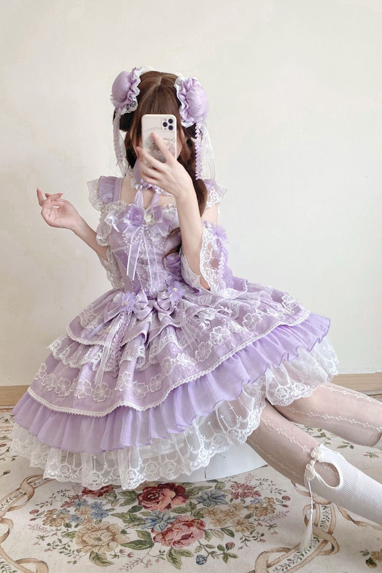 Violet Peach Rain Sleeveless Tiered Bow Lace Chinese Lolita JSK
