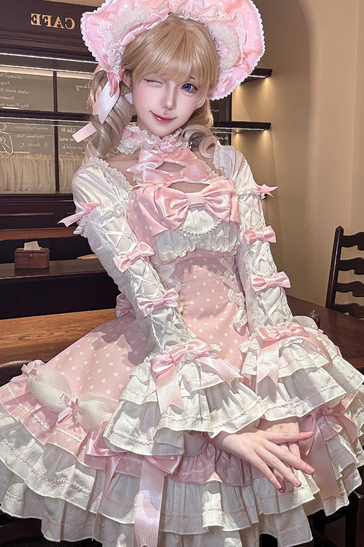 Pink Halter Polka Dot Bow Lace-Up Lolita Gown
