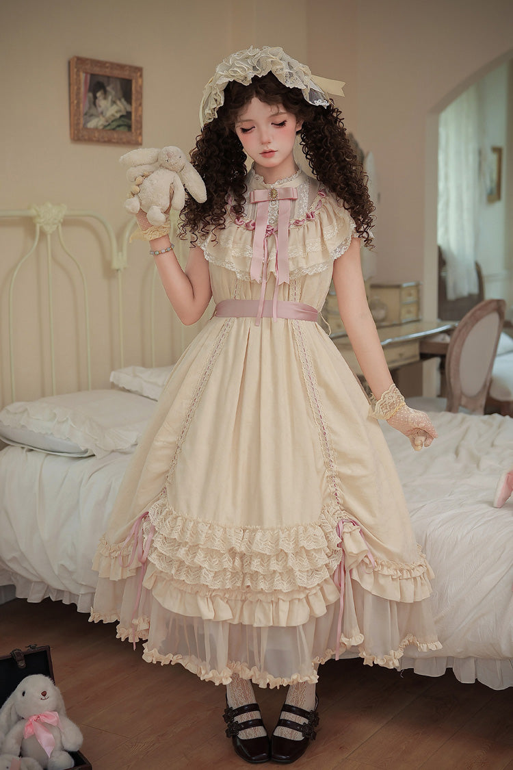 Apricot Sweet Lolita Dress with Stand Collar Short Sleeves Loose Doll-Like Ruffled Bow Lace
