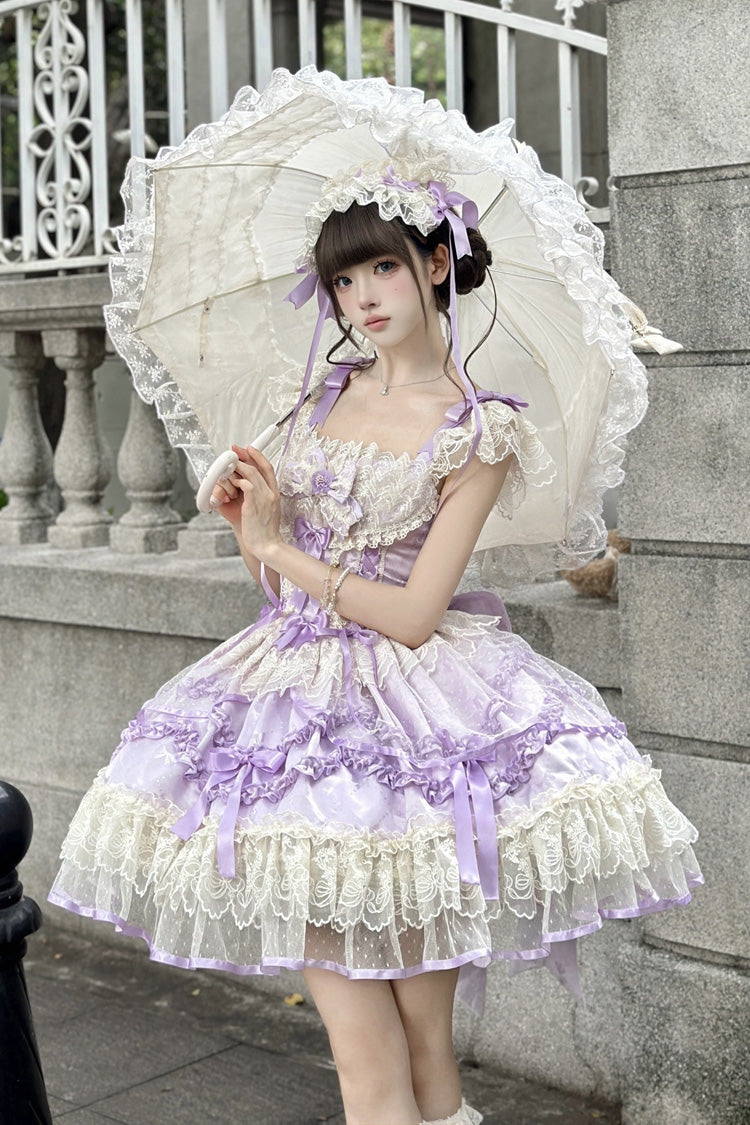 Dreaming Butterfly Violet Jacquard Ruffle Bowknot Lace Princess Lolita JSK - Dreaming Butterfly