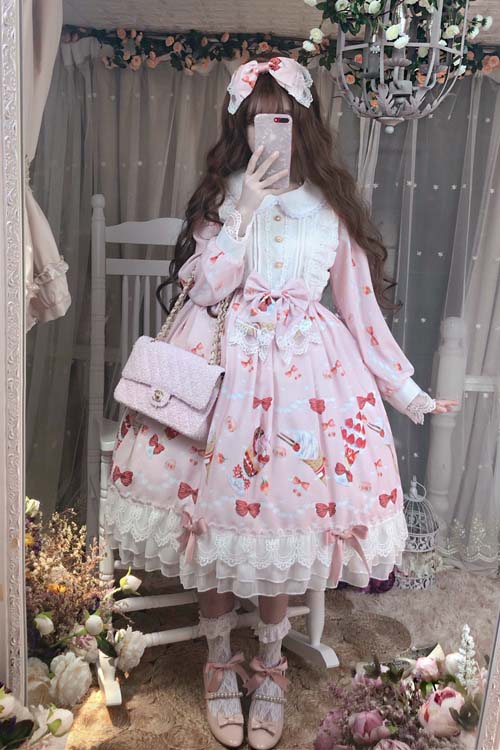 Blush Strawberry Print Doll Neckline Long Sleeve Lace Sweet Lolita One-Piece