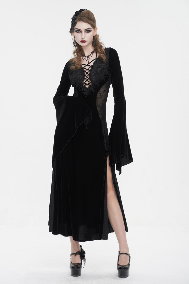 Onyx Velvet Mesh Panel Gothic Maxi Dress for Women