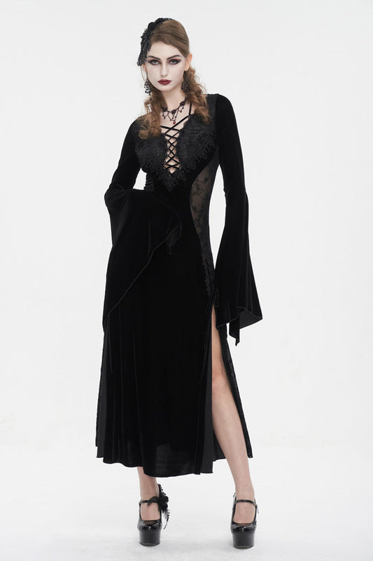 Onyx Velvet Mesh Panel Gothic Maxi Dress for Women