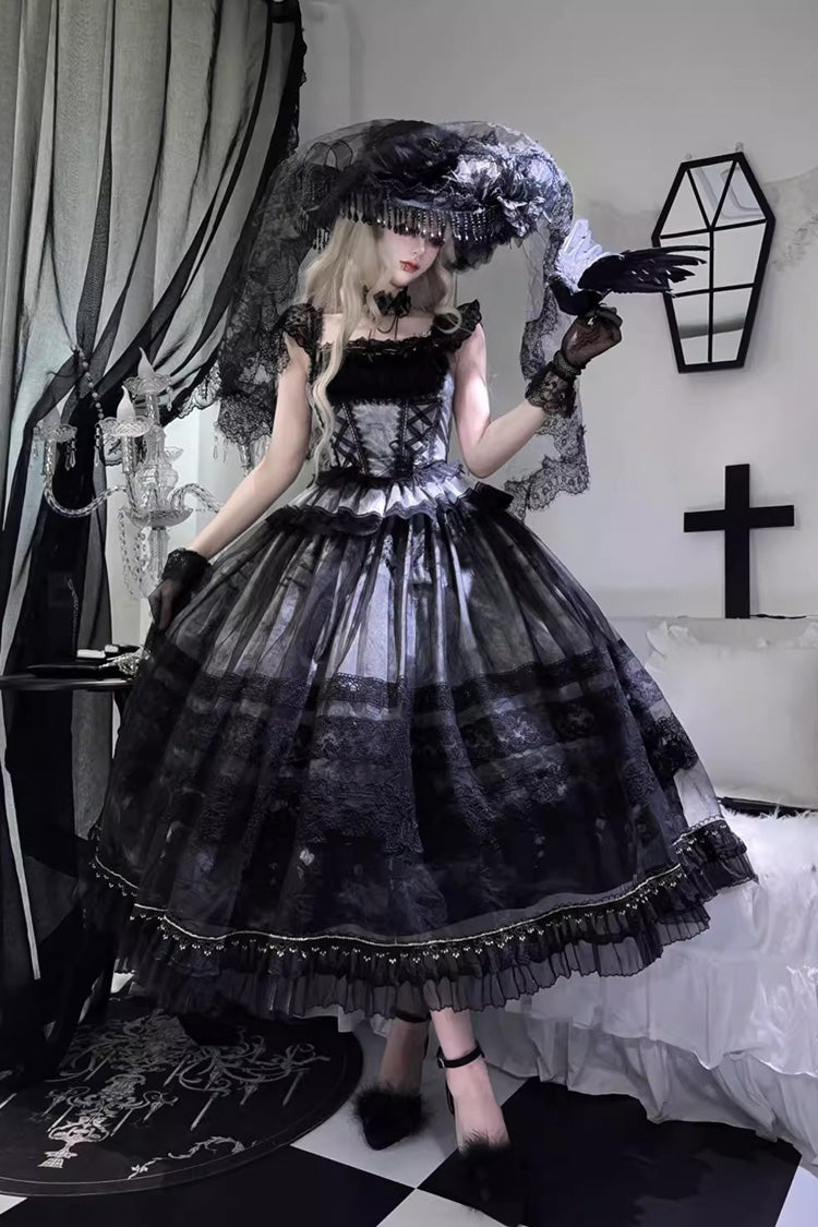 Misty Vineyard Grey Blue Sleeveless Lace-Up Ruffle Bow Sweet Lolita Jumper Dress Set