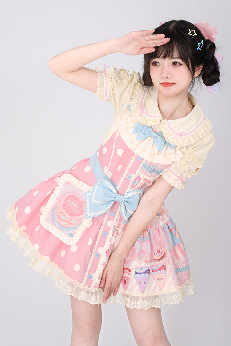 Dessert Print Bowknot Strap Sweet Dress
