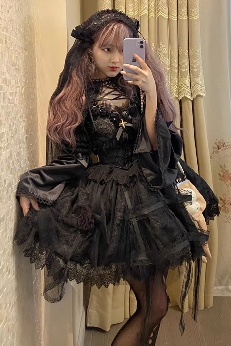 Black Elegant Lolita JSK Dress with Ruffle and Lace Mesh Gothic Style