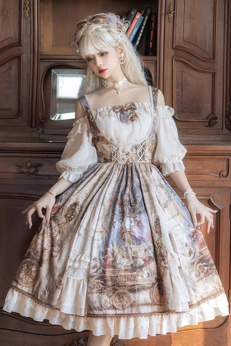 Oil Painting Bowknot Lace Elegant Palace JSK in Brown