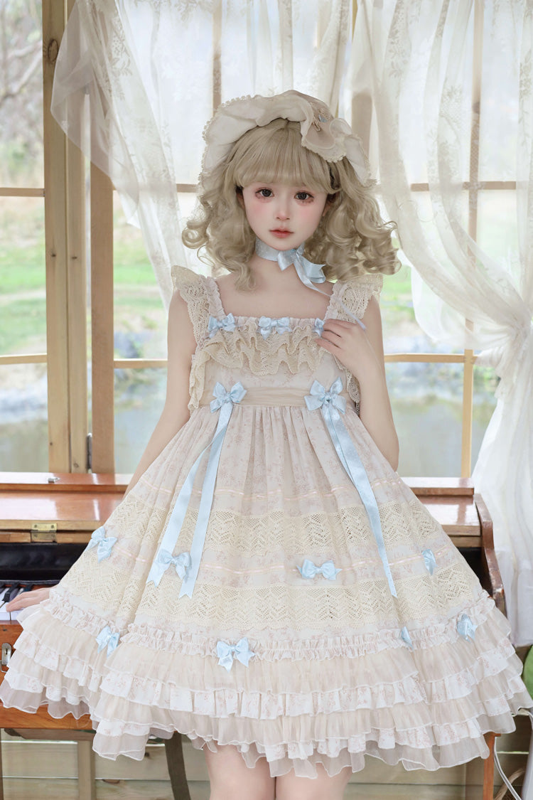 Beige Little Wind Chime Sleeveless Multi-Tiered Printed Ruffled Bow Lace Sweet Elegant Princess Lolita Jumper Dress