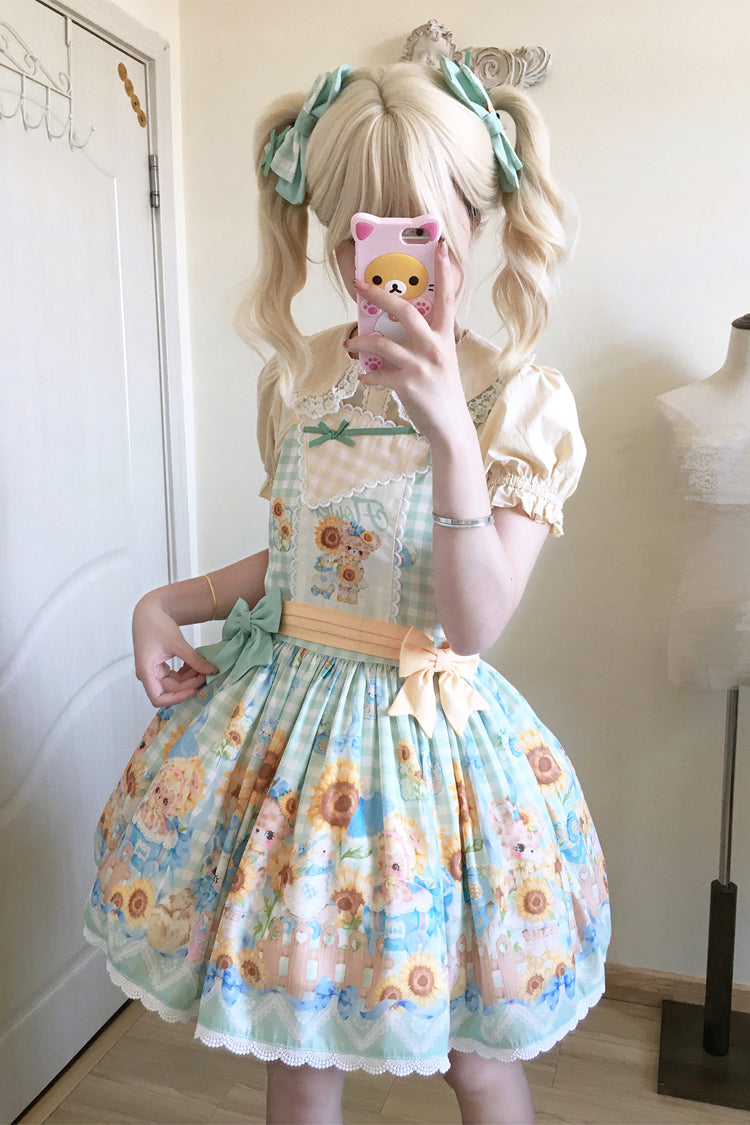 Kawaii Bears Sunflower Printed Multi-Color Bow Sweet Lolita Strap Dress - Miss Brown