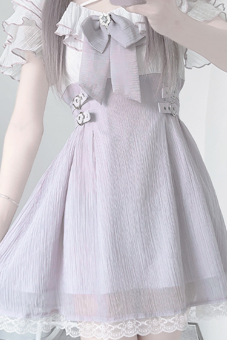 Mauve Ruffled Bow Lace Short-Sleeve Japanese Street Style Dress