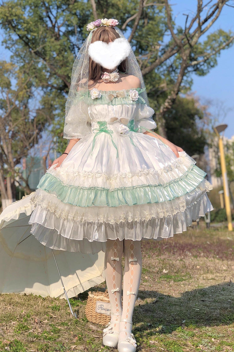 Long Sleeve Multi-Layer Ruffle Bow Lace Lace-Up Sweet Princess Lolita Dress - Green