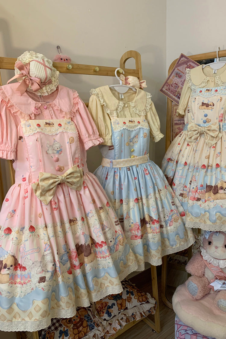 Cream Party Printed Bow Stitching Lace Sweet Lolita JSK Dress