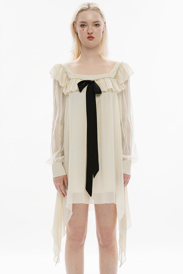 Gothic Bowknot Lace Trim Dress with Detachable Brooch Pin