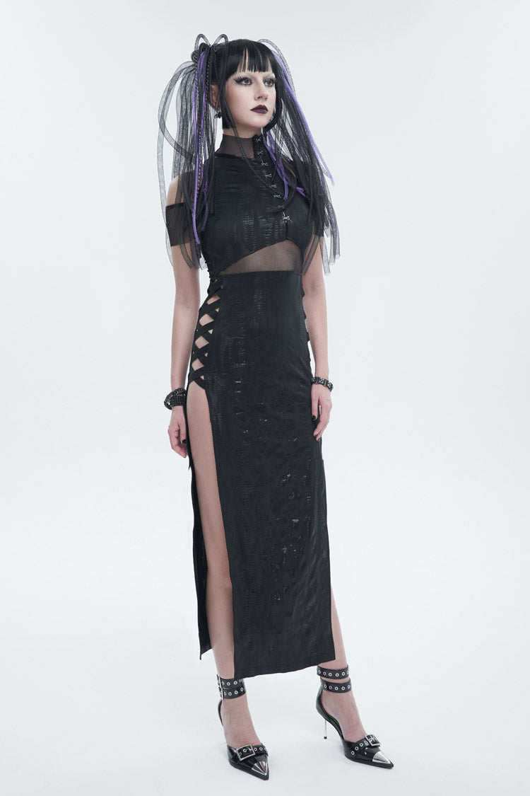Knit Paneled Mesh Side Slit Punk Dress for Women