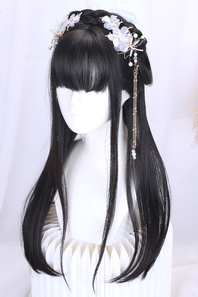 Long Natural Wig with Ancient Full Headgear for Hanfu Lolita in 2 Tones