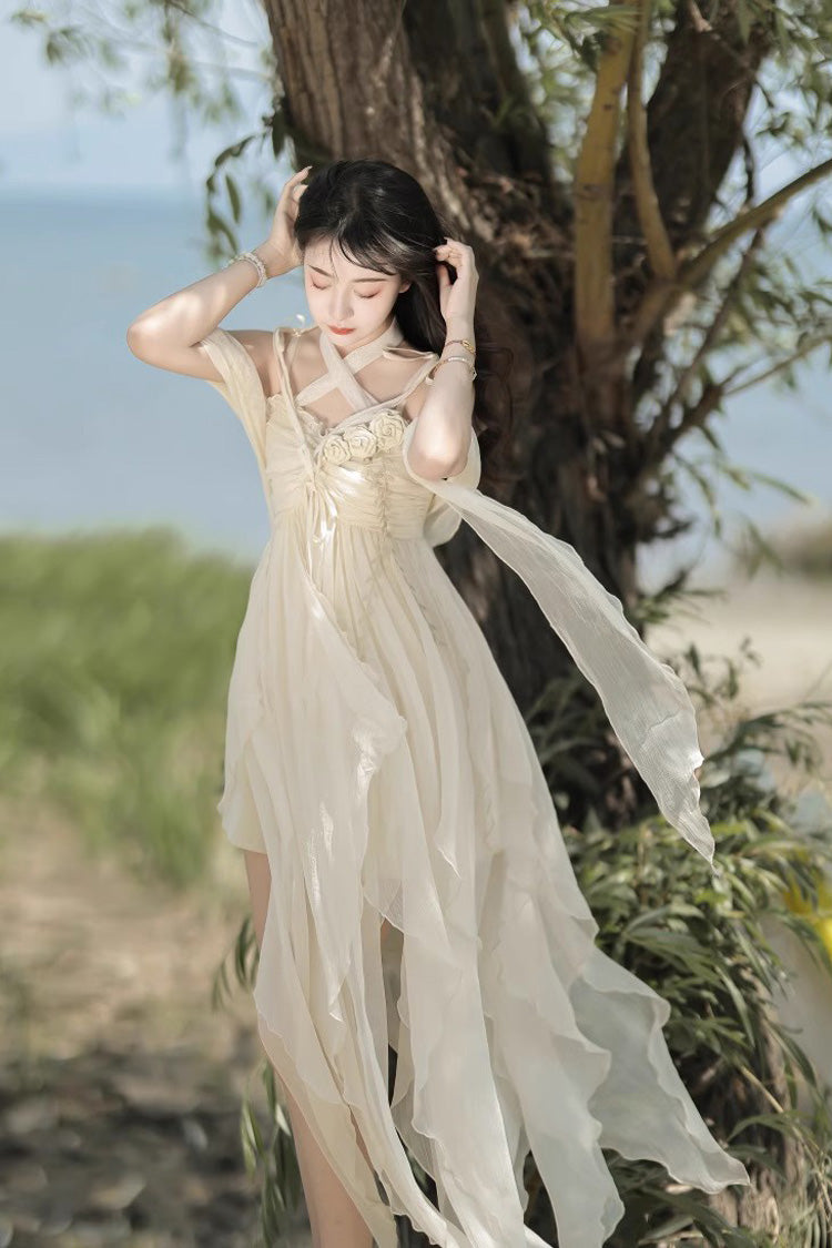 Ivory Sweet Lolita JSK with Bowknot Asymmetric Hem - Wanderer's Song