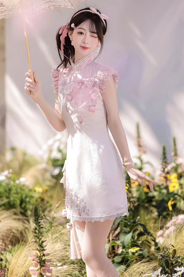 Ivory and Pink Spring Strawberry Stand Collar Ruffled Embroidered Lace Color-Blocked Chinese Sweet Lolita Cheongsam