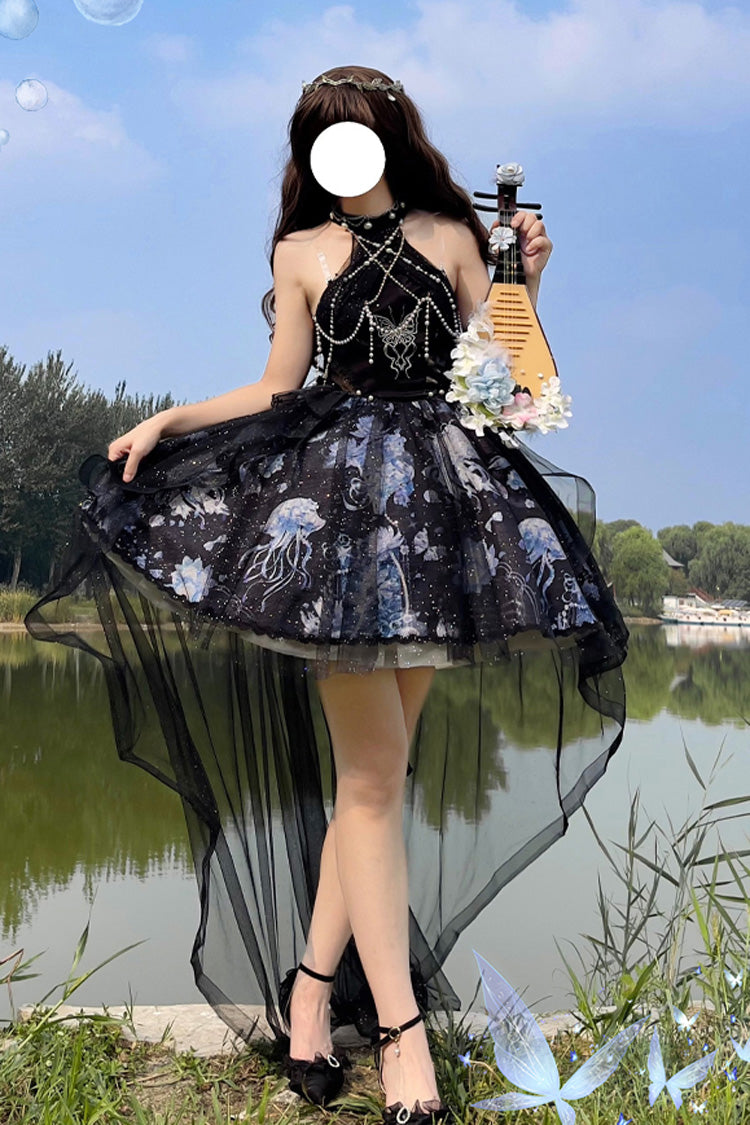 Blue Halterneck Sleeveless Embroidery Bowknot Lace Elegant JSK Dress