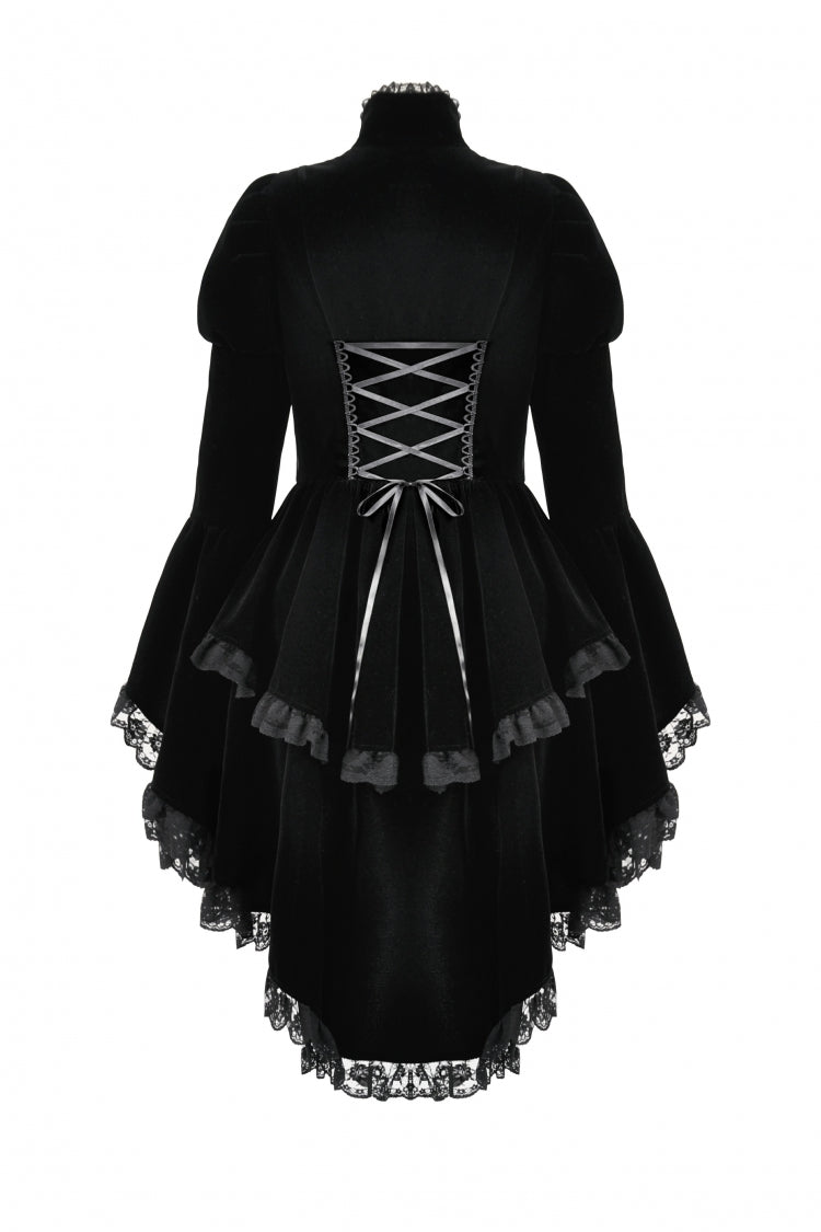 Jet-Black Gothic Coatlet with Layered Ruffles and High-Low Hem for Women