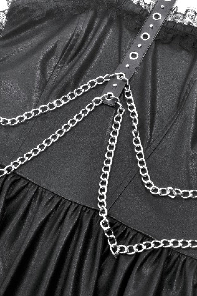 Halterneck Zippered Chain-Decorated Eyelet Punk Faux Leather Dress