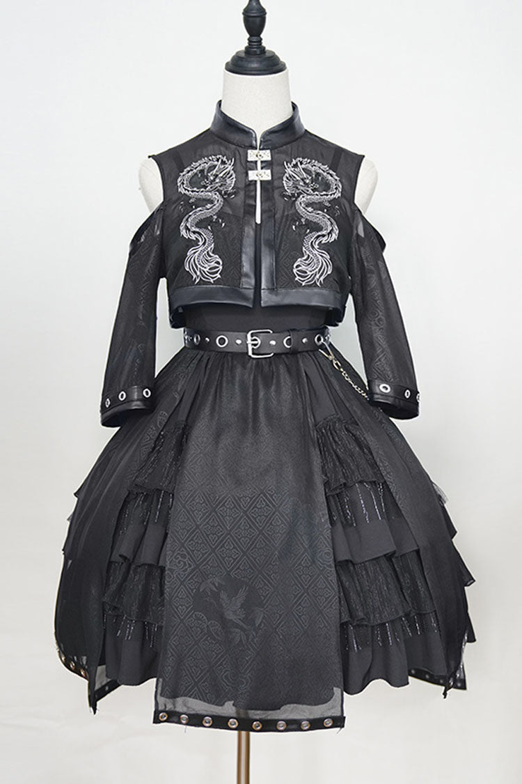 Navy Dragon Print Boatneck Chinese High-Waist Multi-Layer Ruffled Gothic Lolita JSK