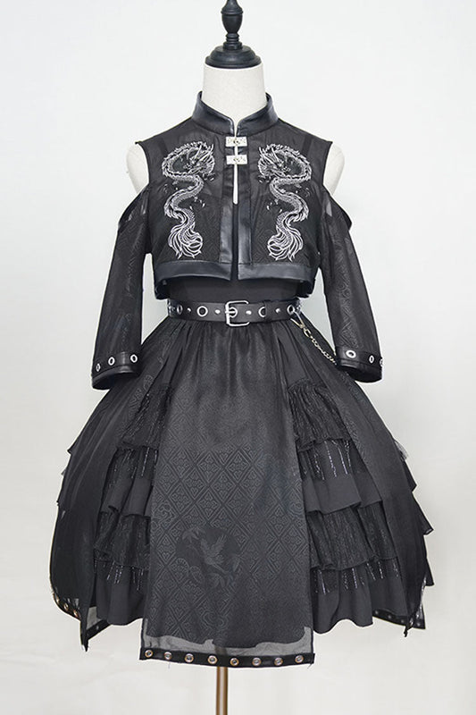 Navy Dragon Print Boatneck Chinese High-Waist Multi-Layer Ruffled Gothic Lolita JSK