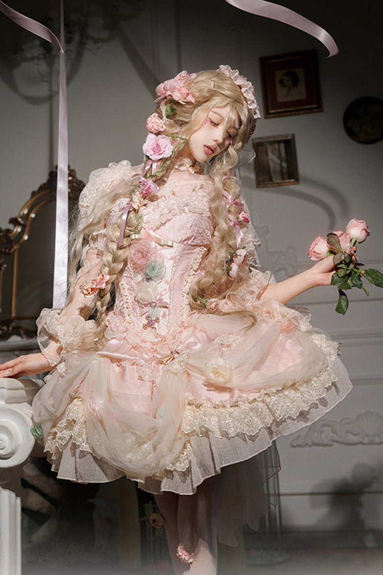 Dream Garden Ruffle Hanayome Embroidery Bow Lace Fishbone Princess Gorgeous JSK Dress in Pink