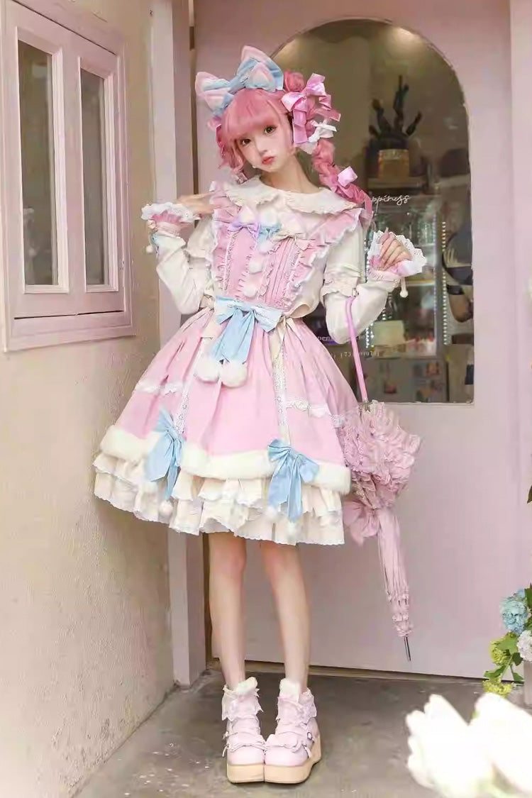 Pale Pink & White Little Fox Multi-Layer Ruffled Bow Long-Sleeve Sweet Lolita Dress