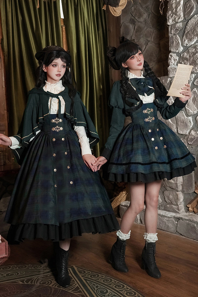 Blue Green Berlin Letter Double-Layered Plaid Print Ruffle Bowknot Classic College Style Lolita Strap Dress Set
