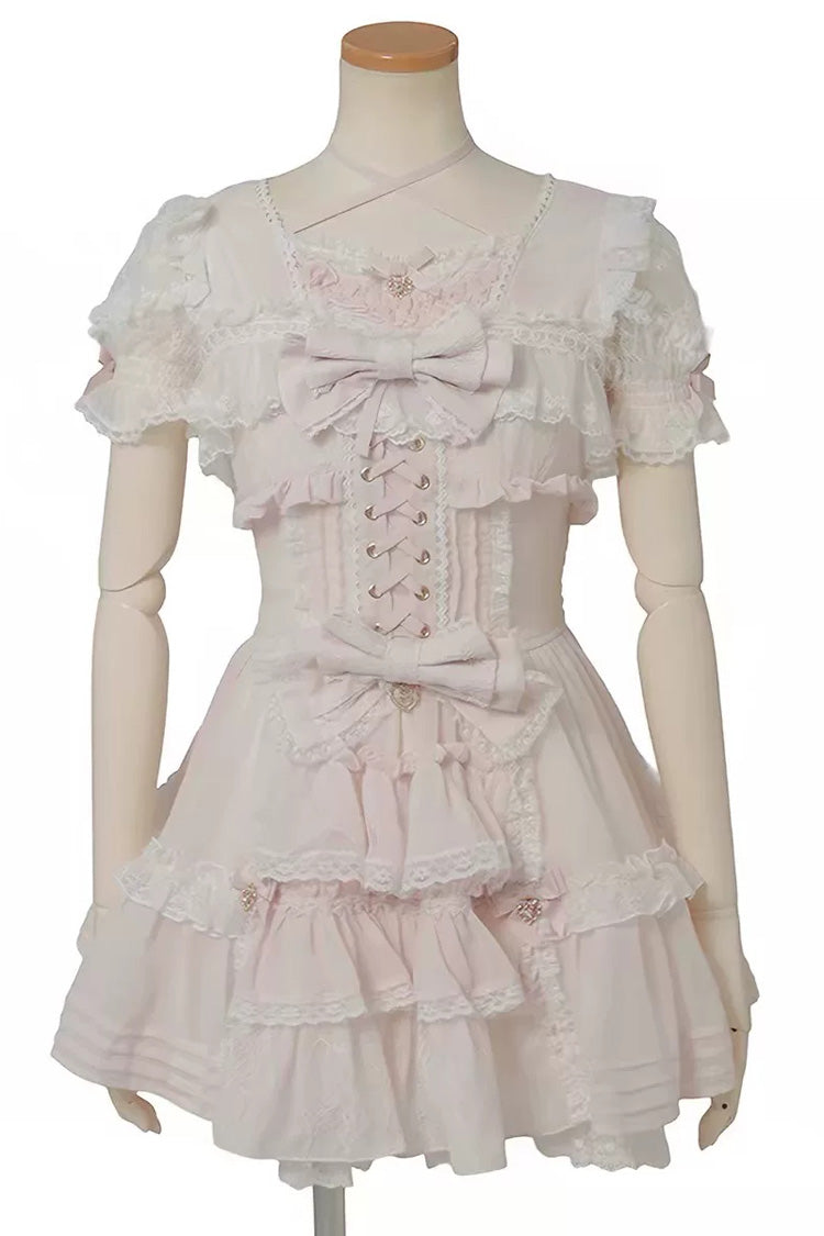 Ruffled Lace-Up Bow Print Long Sleeve Jirai Dress Set with Triple Layers