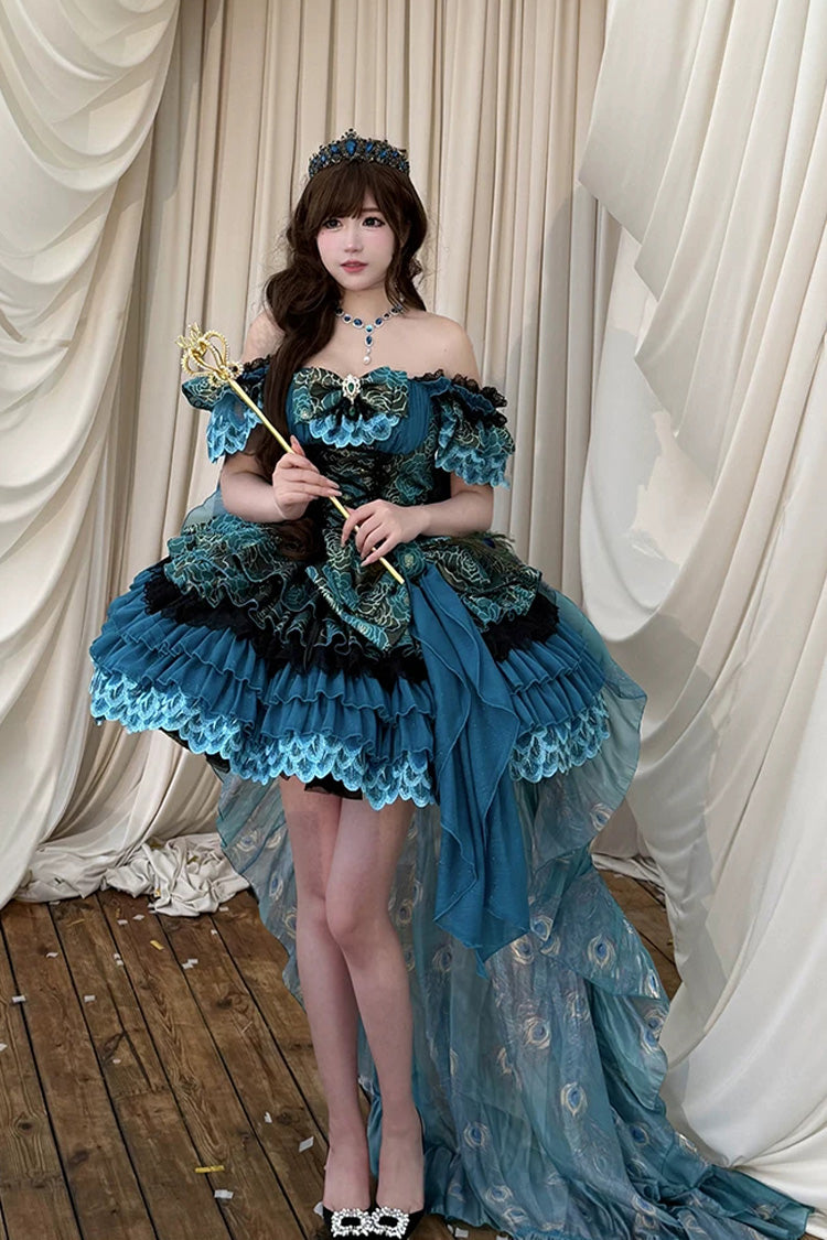 Peacock Sleeveless Ruffled Bow Lace-Up Elegant Lolita JSK - Blue/Green