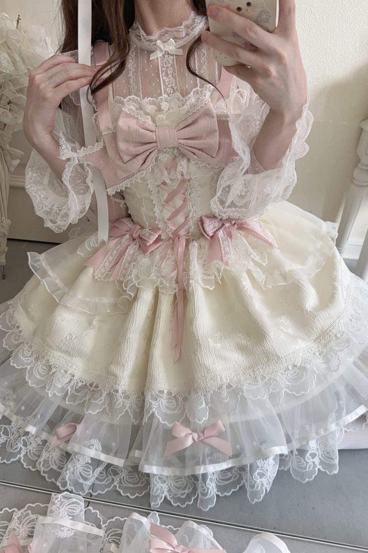Apricot Sweet Ballet Lolita JSK Dress with Sleeveless Ruffles Bowknot Lace and Slim Fit
