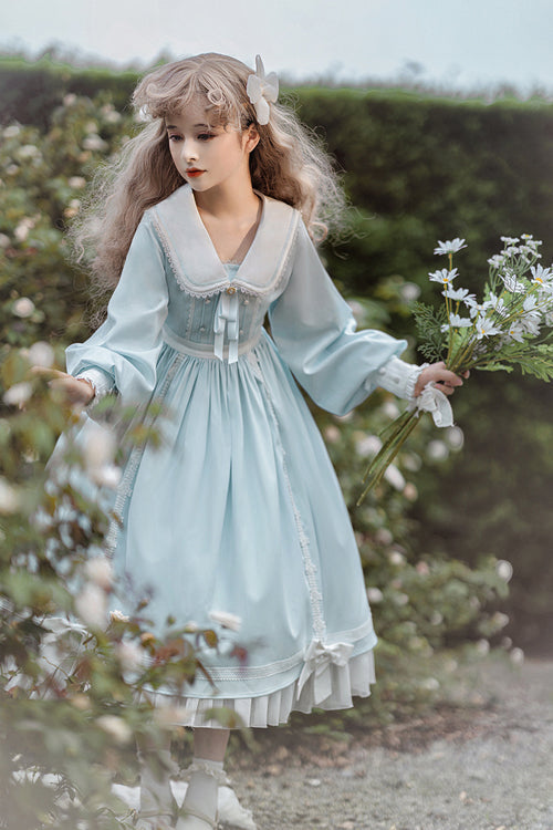 High Waist Sweet Lolita OP Dress with Doll Collar and Lantern Sleeves