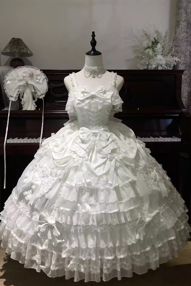 Ivory Curtain Ode Multi-Tier Ruffled Bridal Front Bow Lace-Up Long JSK