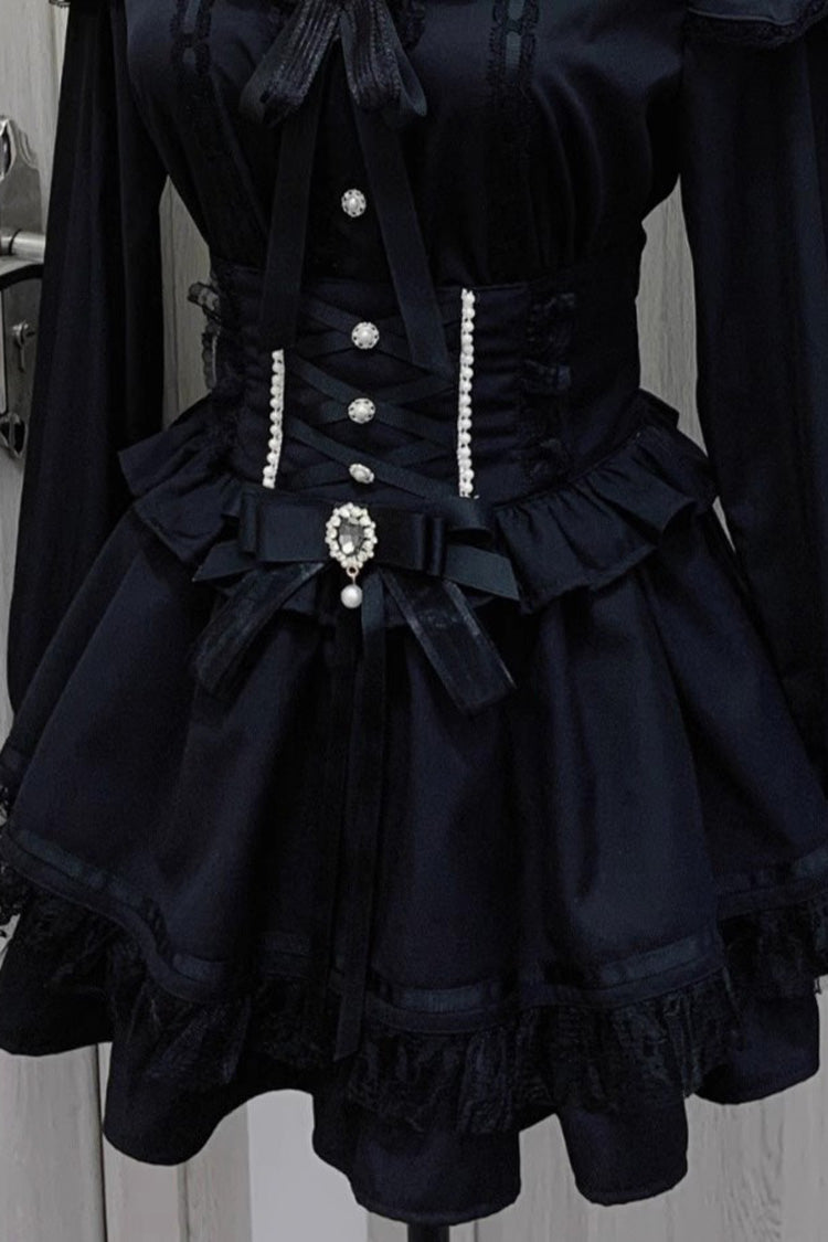 Black Ruffle Bowknot Lace Lace-Up Pearl Jirai Kei Japanese Skirt