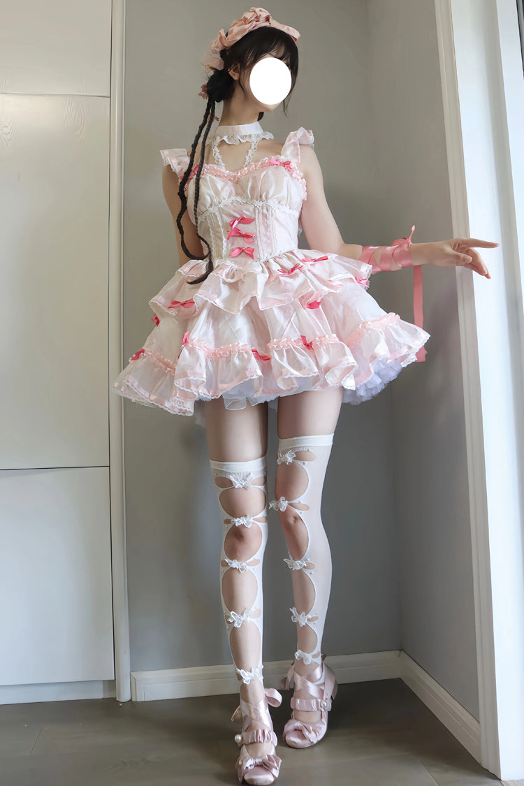 White & Pink Multi-Layer Ruffled Ballet Bow Sweet Lolita JSK Dress