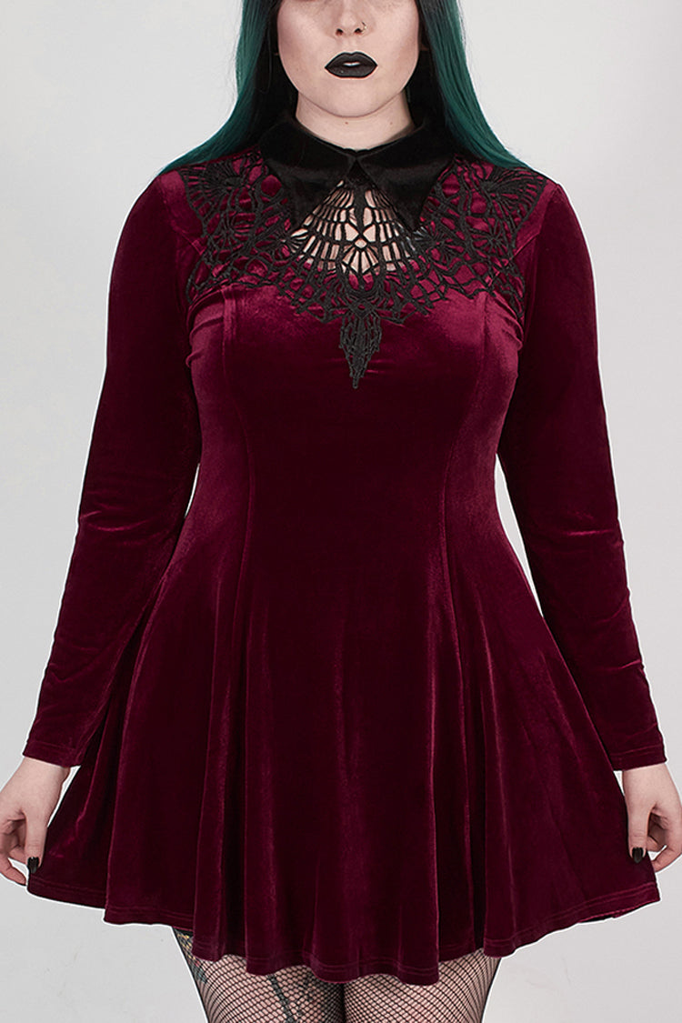 Velvet Front Chest Hollow-Out Decals Back Lace-Up Long Sleeve Plus Size Gothic Dress