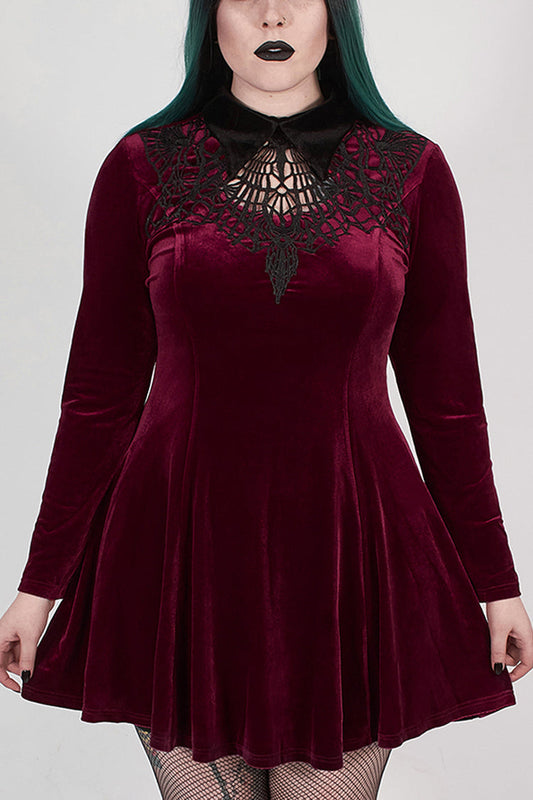 Velvet Front Chest Hollow-Out Decals Back Lace-Up Long Sleeve Plus Size Gothic Dress