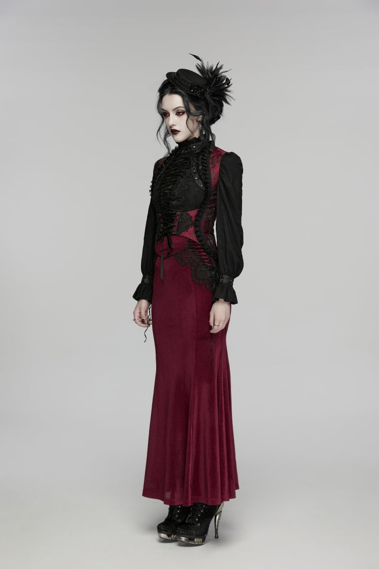 Crimson & Noir Embroidered Lace Lace-Up Fitted Corset Vest for Women