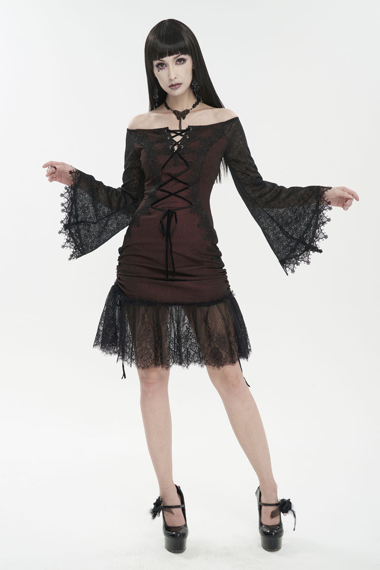 Red Textured One-Shoulder Lace Bell Sleeve Gothic Dress