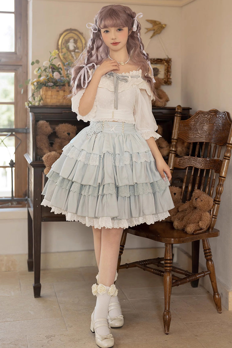 Powder Blue Rose Layered Princess Sweet Lolita Mini Skirt