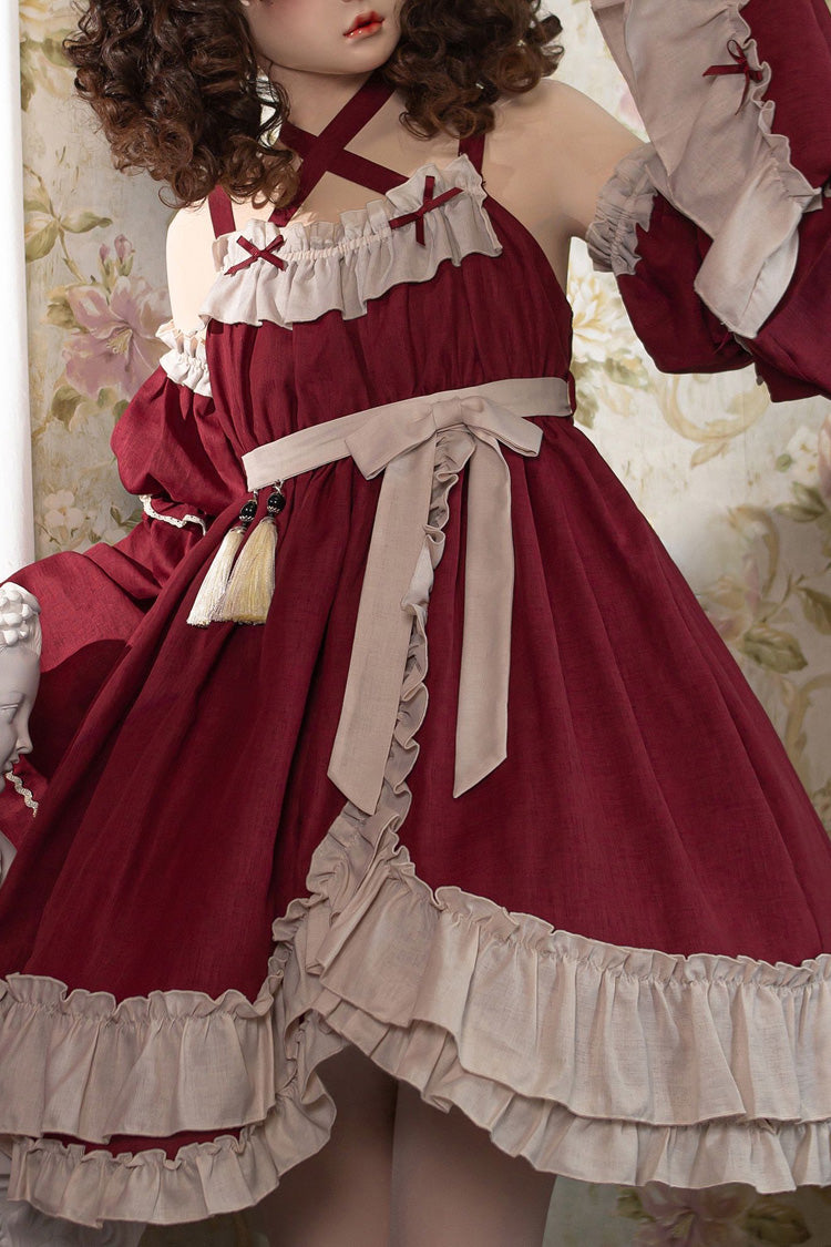 Sleeveless High Waist Ruffle Bow Asymmetric Gothic Lolita Jumper Dress - Red