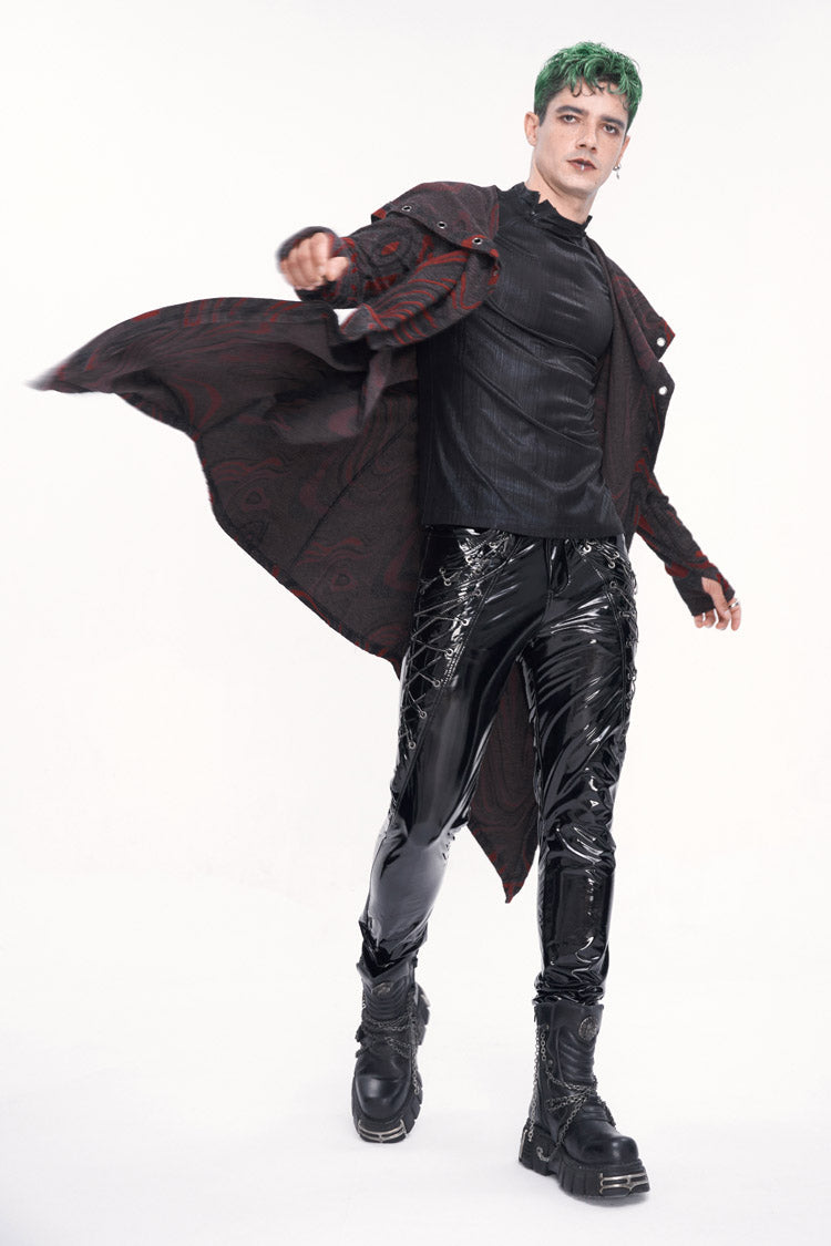 Scarlet Hooded Gothic Coat with Irregular Chains for Men