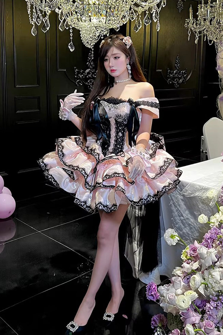 Sweet Lolita JSK Dress with Ruffled Lace and Lace-Up Back - Pink