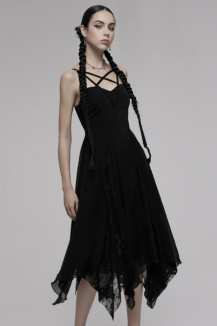 Double-Layer Chiffon Lace Irregular Hem Sling Sleeveless Gothic Dress