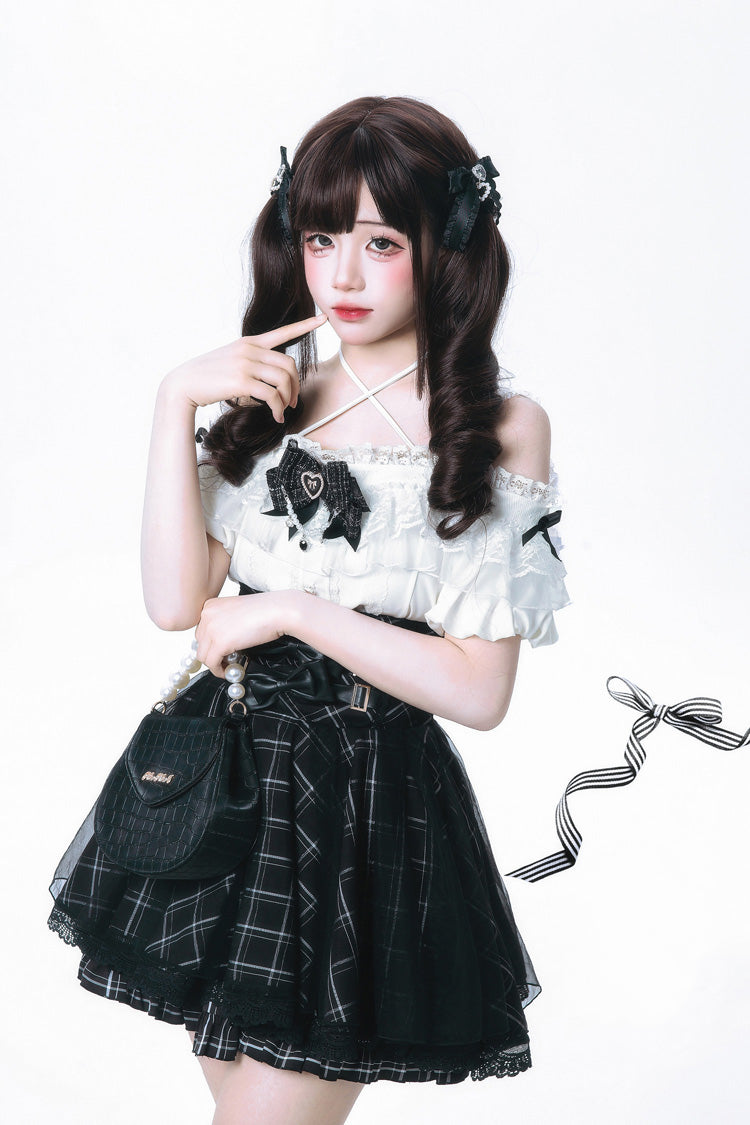 Plaid Bow Classic Jirai Kei Skirt Ensemble with Off-Shoulder Sleeves
